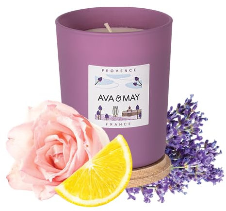 AVA & MAY Provence Duftkerze (180 g) – vegane Sojawachs-Kerze mit 40 Stunden Brenndauer – mit hochwertigem Duftöl aus Lavendel, Rose und Zitrone