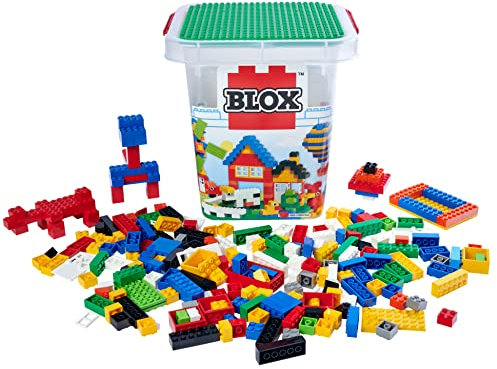 Simba 104114519 - Blox 500 Bausteine im Eimer, für Kinder ab 3 Jahren, Verschiedene Steine, 16 Fenster, 4 Türen, mit Grundplatte, vollkompatibel, farblich gemischt