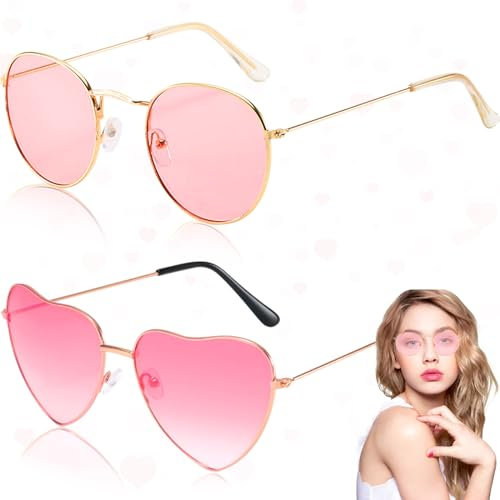 Liekadijiae 2 Stück Retro Hippie Brille, Rosa Runde Herzform Metallrahmen Brillen, Kostüm Sonnenbrillen, für Hippie Kostüm, Party, Alltag, Foto Requisiten