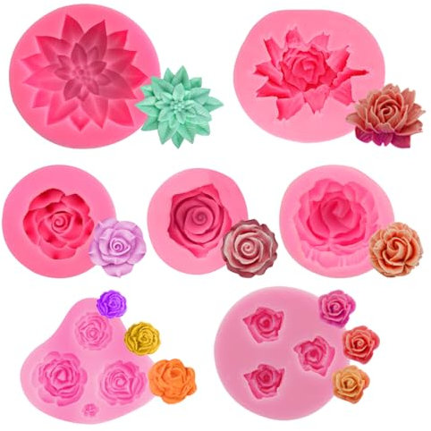 ZOOMPIL 7 stampi in silicone per fondente a forma di rose e fiori 3D, in silicone, per caramelle, cioccolato, fondente, decorazione torta
