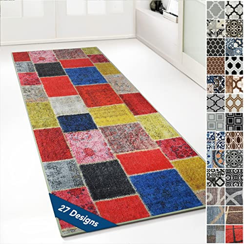 Floordirekt Teppichläufer mit Muster - maßgefertigter Feinschlingen Teppich Läufer für Küche, Flur & Wohnraum - Ornament Vintage Orient Gitter (80 x 300 cm, Monsano Bunt)