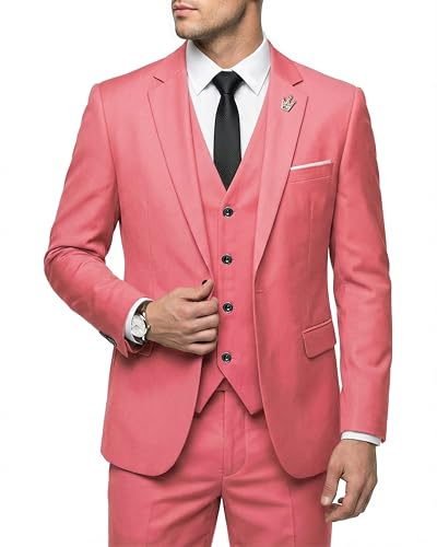 Hihawk Costume 3 pièces pour Homme avec Tissu Extensible, Coupe ajustée, Ensemble Blazer à Un Bouton, Veste, Gilet et Pantalon avec Cravate, Rose, Taille M