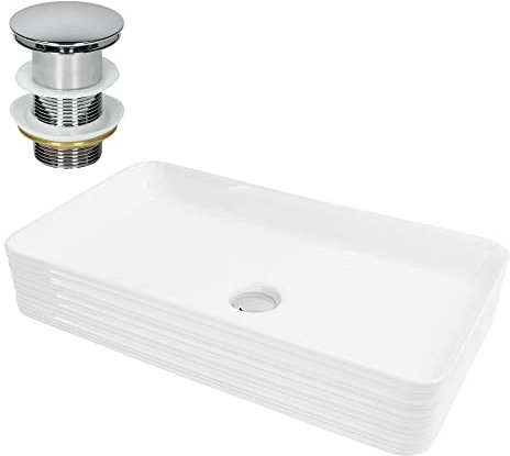 ML-Design Waschbecken aus Keramik in Weiß 68x38x12 cm Eckig inkl. Ablaufgarnitur, Moderne Aufsatzwaschbecken, Design Waschtisch Aufsatz-Waschschale Waschplatz Handwaschbecken, für Badezimmer/Gäste-WC