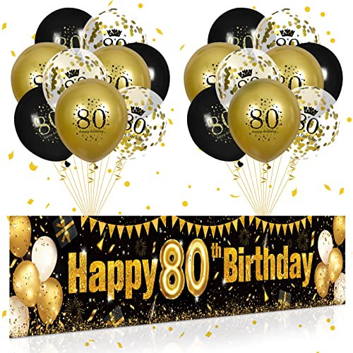 80. Geburtstag Party Deko für Mann Frau Schwarz Gold, Luftballons 80. Geburtstag Schwarz Gold Banner und 18 PCS 80. Happy Birthday Konfetti Ballons für Deko zum 80 Jubiläum Geburtstagsparty Dekoration