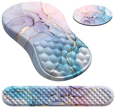 HAOCOO Ergonomic Mouse Pad Wrist Support and Keyboard Wrist Rest, 3 PCS Computer Mouse Pad with Wrist Rest Set for Desk with Coaster, Memory Foam Mousepad for Office School Hand, Blue Pink Marble