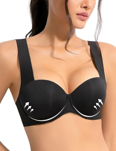 Upushall Push Up Balconette Bras for Women, Seamless Bombshell Padded, Soft T Shirt Bra, Widen Straps Add 2 Cups, Black, 36D