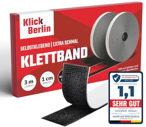 Klick Berlin Klettband Selbstklebend | 1 cm x 3 m | Extra schmal | Klett Klebeband klebt auf vielen Flächen | Klettverschluss | 10 mm breit, 3 Meter lang