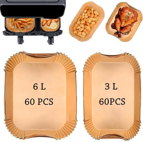 Papier Cuisson Air Fryer pour Philips Airfryer Série 3000, Papier Cuisson pour Philips Dual Basket Airfryer 9 Litres NA350/00, Accessoires Air Fryer, Moule Air Fryer, Plat Air Fryer (60pcs+60pcs)