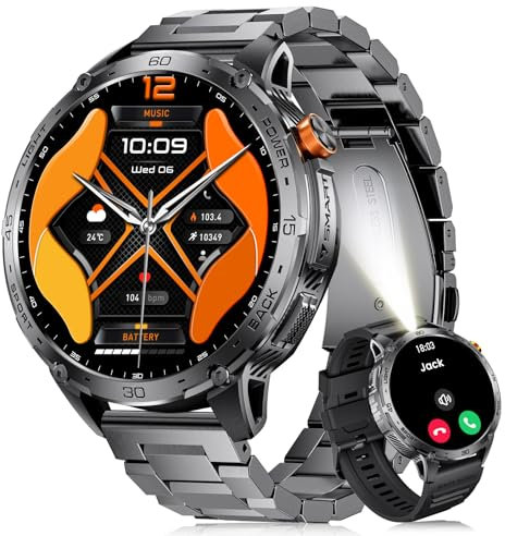 LIGE Smartwatch Herren mit LED Taschenlampe, 1.75‘’ AMOLED Großes Display/730 mAh Akku Sportuhr Herren mit Telefonfunktion, 110+ Sportmodi Fitnessuhr, 24/7 Herzfrequenz/Schlafmonitor für Android iOS