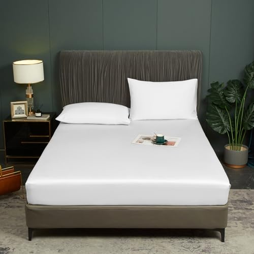 Luofanfei Drap housse en bambou et lyocell 180x200 cm Blanc pour sommier tapissier avec surmatelas en éponge de bambou brillant, drap de lit en fibre de bambou, drap housse 180 x 200 uni pour matelas