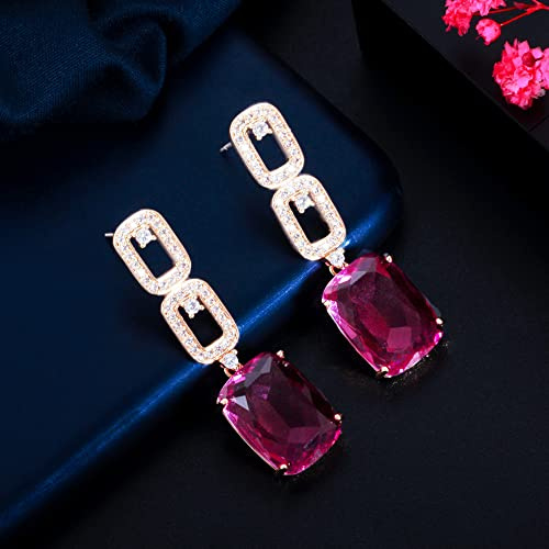 TTDGYYXW Langer, geneigter Damen-Ohrring mit Zirkonia, Gold, Rosa, Rot, Rechteck, Mehrfarbig