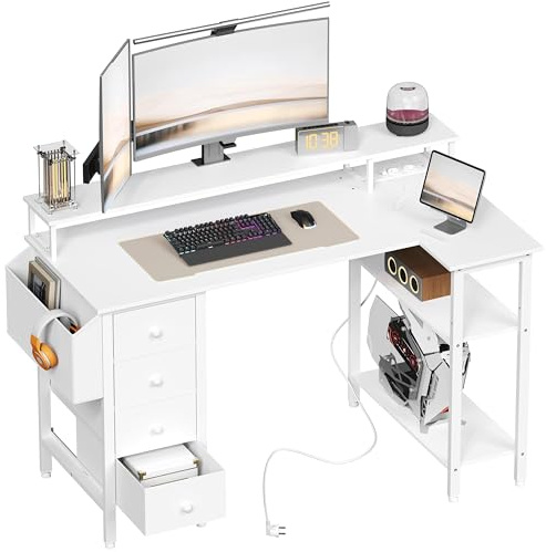 Abician Bureau d'angle Réversible, 120x68cm, avec Port De Charge USB, Blanc | Bureau Gaming en L avec Prise De Courant, avec 4 Tiroirs, Table Ordinateur avec Support D'écran pour Chambre Domicile Maison