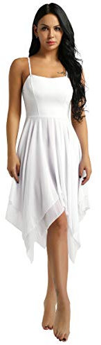 dPois Damen Tanzkleid Ballett Kleid Ärmellos aus Chiffon Swing mit Spaghettiträger Asymmetrische Tanzkostüme Latein Rumba Tango Kleid Ballsaal Dancewear Weiß Small