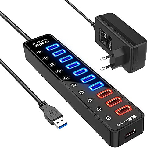 Hub USB 3.0 alimenté, atolla Hub USB 11 en 1-7 Port USB 3.0 SuperSpeed et 4 ports AIpower avec interrupteur marche/arrêt et alimentation 12 V/4 A pour MacBook/MacBook Air/MacBook Pro