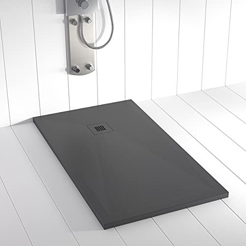 Shower Online Plato de ducha Resina PLES - 70x90 - Textura Pizarra - Antideslizante - Todas las medidas disponibles - Incluye Rejilla Color y Sifón - Antracita RAL 7011