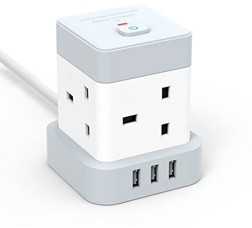 Baykul Extension Lead Cube Power Strip with 3 USB Ports (5V/2.4A) 4 Way Plug 2M Extension Cord Cable Multi Plug Extension Socket for Home Office Travel
