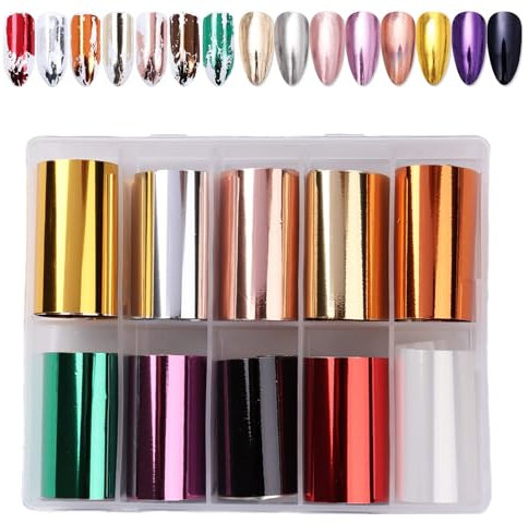 10 Rolls Metallic Color Holographic Nail Foil Transfer Sticker, EBANKU Nail Foil Adhesive Sticker, Nail Art Tips Warps Shining DIY Stickers Nail Decorations for Christmas Halloween Nail Design