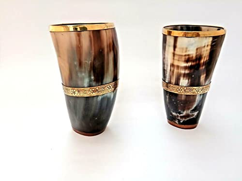 Lot de 2 tasses en verre en forme de corne décorée avec bande en laiton en relief incrustée de verre pour bière, vin, hydromel Capacité 300 ml