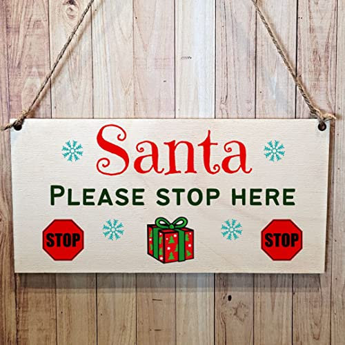 Second Ave Santa Please Stop Here - Targa in legno da appendere come regalo di Natale rettangolare