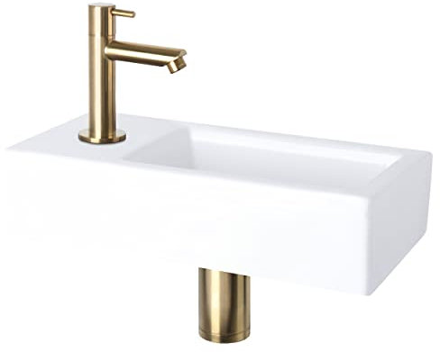 Differnz Helios Waschbecken klein, Handwaschbecken Keramik Weiß, Gold Armaturen Wasserhahn Links, Waschtisch, Warm- und Kaltwasserhahn – 37.5 x 18 x 9.5 cm