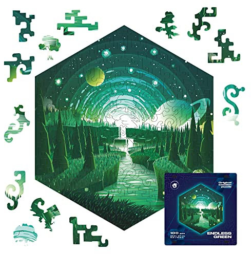 UNIDRAGON Original Holzpuzzle — Gedankenbrecher Endloses Grün, 100 Teile, 8.54 x 8.54 Zoll (21.7 x 21.7 cm) Schöne Geschenkverpackung, Einzigartige Form Erwachsene und