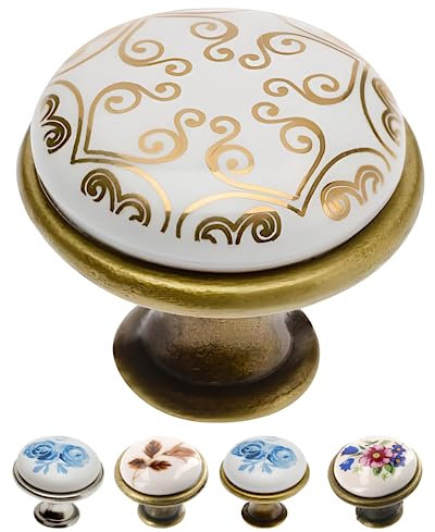 Gedotec Möbelknöpfe | Porzellan und Metall | Ø 26,5 mm I 1 Stück | Türknopf für Schränke - Messing antik Orient Gold inkl. Befestigungsmaterial I OLGA I Knöpfe für Küchenschränke