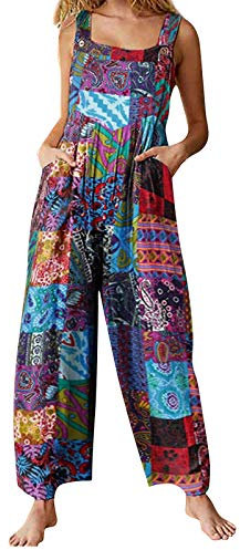 Edhomenn Salopette Estive Multicolore Stile Etnico Collo Quadrato Tuta Senza Maniche Casual Baggy, a-blu, L