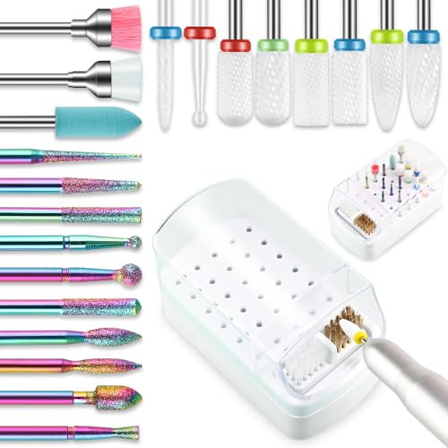 21 punte da trapano per unghie con custodia, lima per unghie elettrica per cuticole diamantate da e kit di punte per unghie in gel acrilico, punte per rimozione cuticole per manicure pedicure