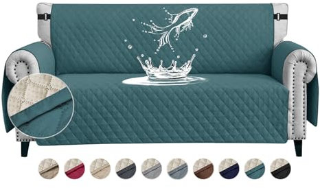 FIGOOO wasserdichte Sofabezug 4 Sitzer Dicke Sofaschoner Wasserdicht Reversible Gesteppte Sofa Überzug mit Seitentaschen Sofaüberwurf rutschfest Kratzfest für Haustiere Hunde Katzen,Grün