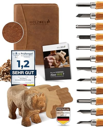 HOLZHELD Schnitzwerkzeug und Schnitzrohling (17-teilig) in sehr edler Ledertasche. Inkl. Anleitung zum Schnitzen & gr. Holzrohling aus Lindenholz.