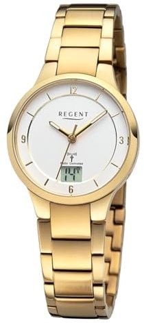 REGENT URFR289 Montre radio-pilotée analogique et numérique pour femme Bracelet en métal doré, Doré/argenté.