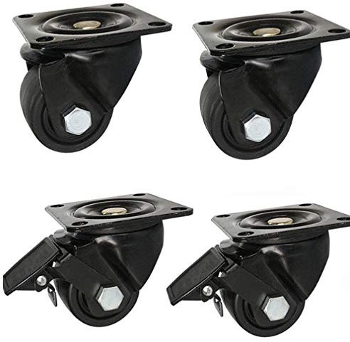 4-tlg. Schwenkbare Industrie-Lenkrollen, Möbelrollen aus Nylon, Schwarz, Schwerlast, 360°-Oberplatten, Niedriger Schwerpunkt, Verschleißfest, Tragkraft max. 1200 kg (2,5 Zoll, Bremse + Unive