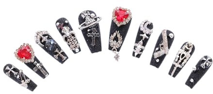 PN-025 Press-On Nails Nail Painted 10 Pcs Reusable Artificial Premium Nail Love & Dead Gothic Punk Crystal Heart Glitter Black