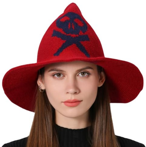 crazy bean Cappello da Mago Halloween Cappello da Strega Halloween Cappelli a Tesa lLarga e Punta Cappelli Costume Accessori Costume Halloween Cosplay Feste in Maschera Teschio Rosso