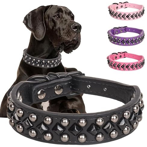 Pimaodog Hundehalsband aus PU-Leder mit Nieten für kleine, mittelgroße und große Hunde, Pitbull, Mastiff, Labrador, Boxer, Rottweiler, Deutscher Schäferhund (Schwarz, M)