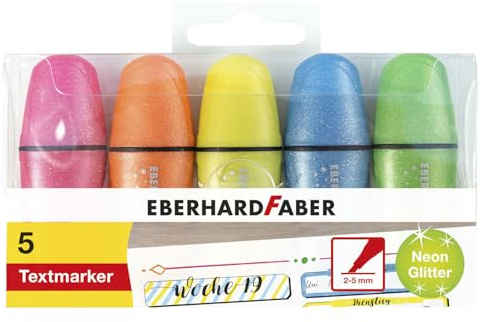 NEU Textmarker/Highlighter, Mini Neon Glitzer, 5 Farben sortiert