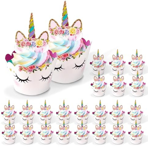 Einhorn Cupcake Wrappers 24 set,Viechoes Einhorn Muffin Deko,Einhorn Cupcake Toppers,Geburtstagsdeko,Tortendeko,Cupcake Wrappers für Geburtstagsfeier Hochzeiten Dessert Kuchen Dekorationen (24)