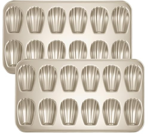 Shinsin Madeleine Pans Set of 2, Nonstick 12-Cavity Madeleines Mold Cookie Tray for Baking, Heavy Duty Warp Resistant Cute Shell Shape Madeleine Mold Cake Pan-Gold