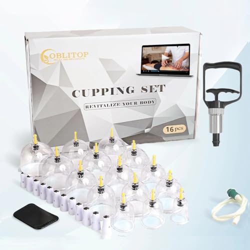 OBLITOP Coppette con pompa a vuoto, set da 16 pezzi, misura V2.0 per uomo e donna, tazze sottovuoto per muscoli del corpo, mal di schiena, massaggio cellulite, ventosa, set di coppette 16