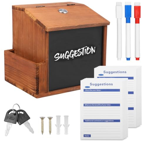 Fevorticity Vorschlagsbox Holz mit Schloss & Kreidetafel | Spendenbox Abschließbar inkl. 10 Karten & 3 Stifte, Kummerkasten, Trinkgeldkasse & Briefkasten für Büro, Gastro & Hochzeit