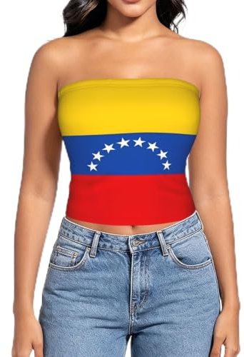 Blusa sin tirantes para mujer con estampado de la bandera de Venezuela, camiseta sin mangas estilo envolvente para fiestas de verano, Negro, M