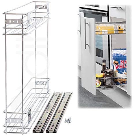 Dihl Pull Out Wire Basket Kitchen Larder, For 150mm Wide Carcass Base Unit, Double Layered Cabinet Cupboard Drawer Storage, Silver, Stainless Steel