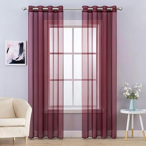 MIULEE 2er Set Voile Vorhang Weihnachtsdeko mit Ösen Transparente Gardine aus Voile Polyester Ösenschal Transparent Wohnzimmer Luftig Dekoschal für Schlafzimmer Rot 280 x 140cm H x B, Grommet Top