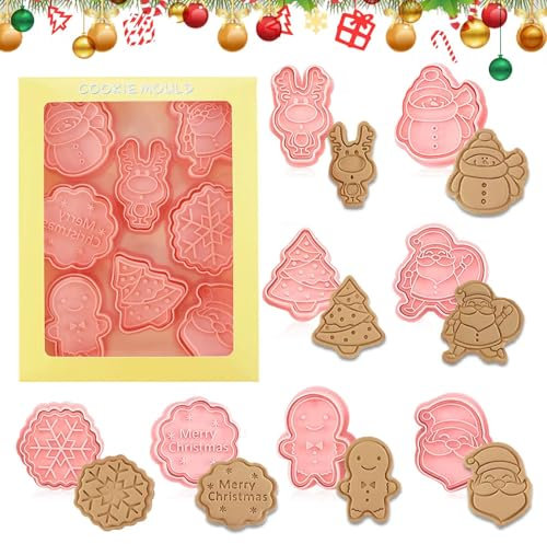 Viilich Weihnachtsausstecher, 8 PCS Plätzchen Stempel Weihnachten aus Plastik, 3D Ausstechformen Weihnachten Keksausstecher Cookie Cutter Plätzchenformen für Kinder, für Tortendeko Kekse Backen