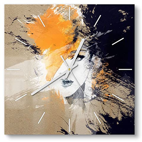 DEQORI Glasuhr | 30x30 cm | Motiv Abstraktes Gesicht | ausgefallene leise Design Uhr aus Glas | Wanduhr für Wohnzimmer & Küche | Moderne Hingucker Uhr für die Wand