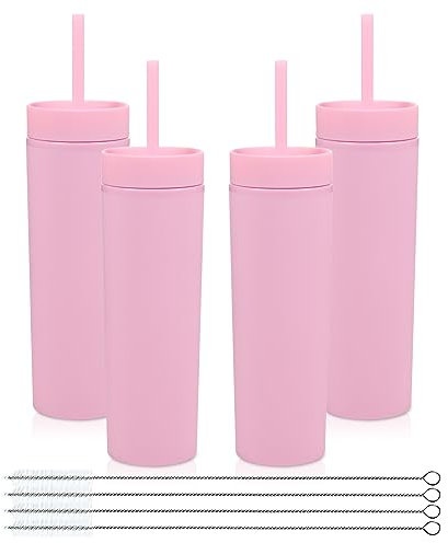 Volhoply 16oz Plastic Skinny Tumblers Bulk 4 Pack,Double Wall Tumbler with Lid and Straw,480ML Reusable Iced Coffee Mug,BPA Free Matte Acrylic Water Cups with Straw for Parties,DIY Gifts(Pink,4 Set