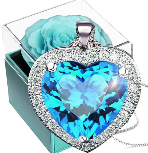 Ewige Rose mit Aquamarin Kette Silber 925,Konservierte Echte Rose mit Damen Kristall Herz Halskette,Eternal Cryan Rosen Saphir Halskette,Pastell Blau Infinity Rosenbox Geschenk Mutter Freundin Frauen