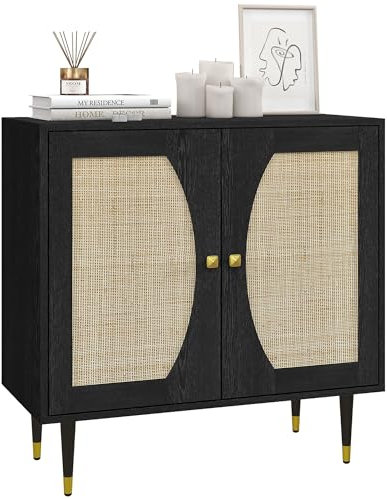 HOMCOM Buffet de Cuisine Meuble de Rangement Design bohème Double Portes avec 2 Niveaux, façade en rotin 80 x 38 x 79 cm Noir