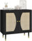 HOMCOM Buffet de Cuisine Meuble de Rangement Design bohème Double Portes avec 2 Niveaux, façade en rotin 80 x 38 x 79 cm Noir