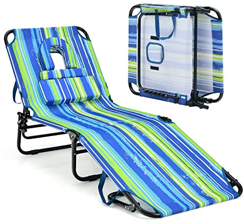 GOPLUS Sonnenliege klappbar, Gartenliege mit Gesichtsöffnung & abnehmbaren Kissen zum Sonnenbaden, Liegestuhl mit 5-stufig Verstellbarer Rückenlehne, Relaxliege für Garten Strand Camping (Bunt)